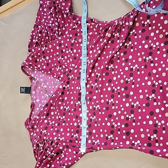 Nine West Size M Magenta Faux Wrap Blouse with Brown, Tan & White Polkadots, EUC - Picture 7 of 12
